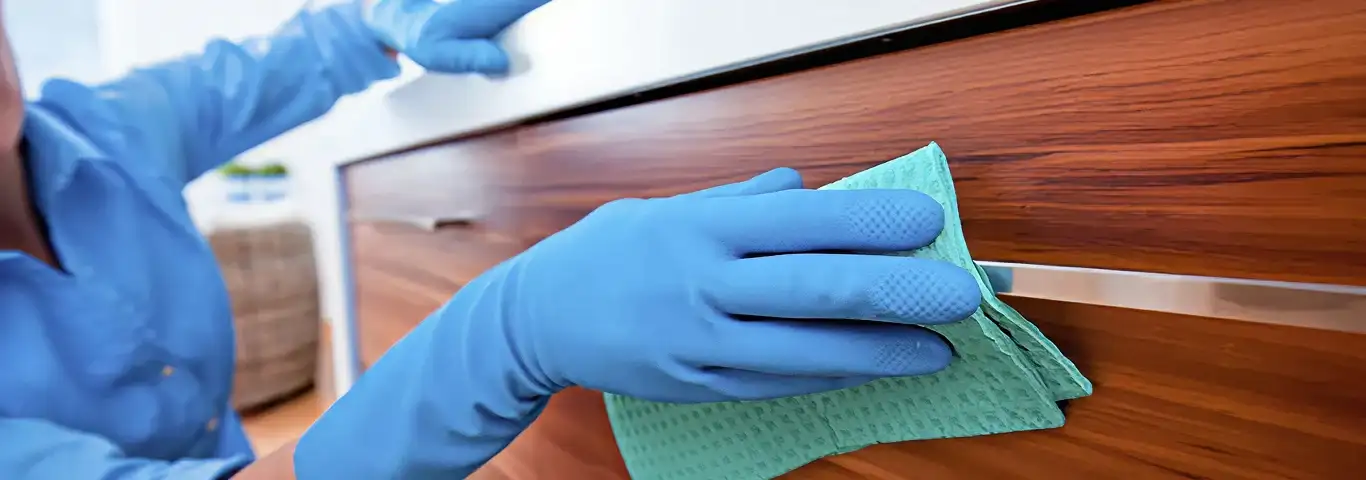 Cleaner wearing blue gloves wiping a wooden cabinet drawer with a microfiber cloth for dust and grime removal, Colorado Springs, CO.