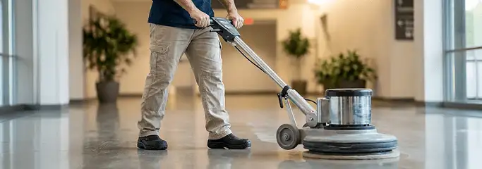 Professional technician using an industrial floor buffer to polish and maintain shiny commercial flooring in a corporate hallway in Colorado Springs, CO.