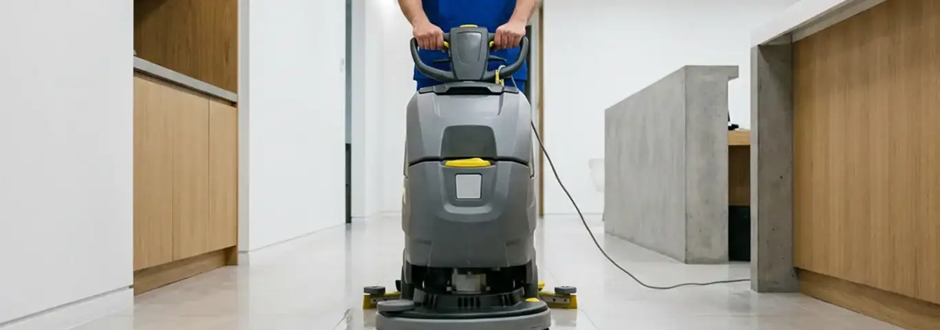 Janitorial staff using a floor scrubber machine to clean a commercial hallway, Colorado Springs, CO.