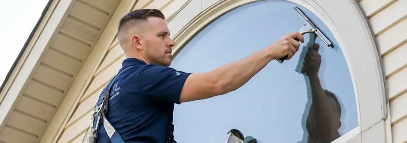 Professional window cleaner using a squeegee to clean an exterior arched window on a home, Colorado Springs, CO.