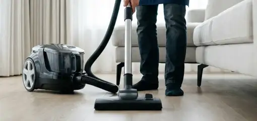 Professional house cleaner vacuuming a living room floor with a canister vacuum cleaner, Colorado Springs, CO.