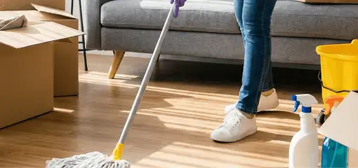Move-out cleaning setup with a cleaner mopping hardwood floors near moving boxes and cleaning supplies, Colorado Springs, CO.
