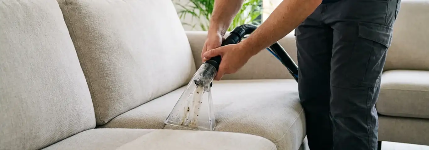 Technician extracting dirt and moisture from a fabric sofa with an upholstery cleaning wand, Colorado Springs, CO.