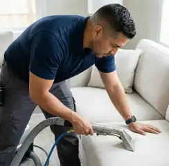 Professional upholstery cleaning technician using an extraction wand to deep-clean a fabric sofa, Colorado Springs, CO.
