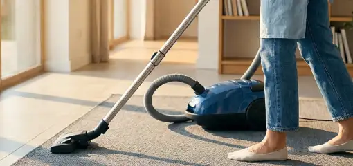 Person vacuuming a living room rug with a canister vacuum cleaner near large windows, Colorado Springs, CO.